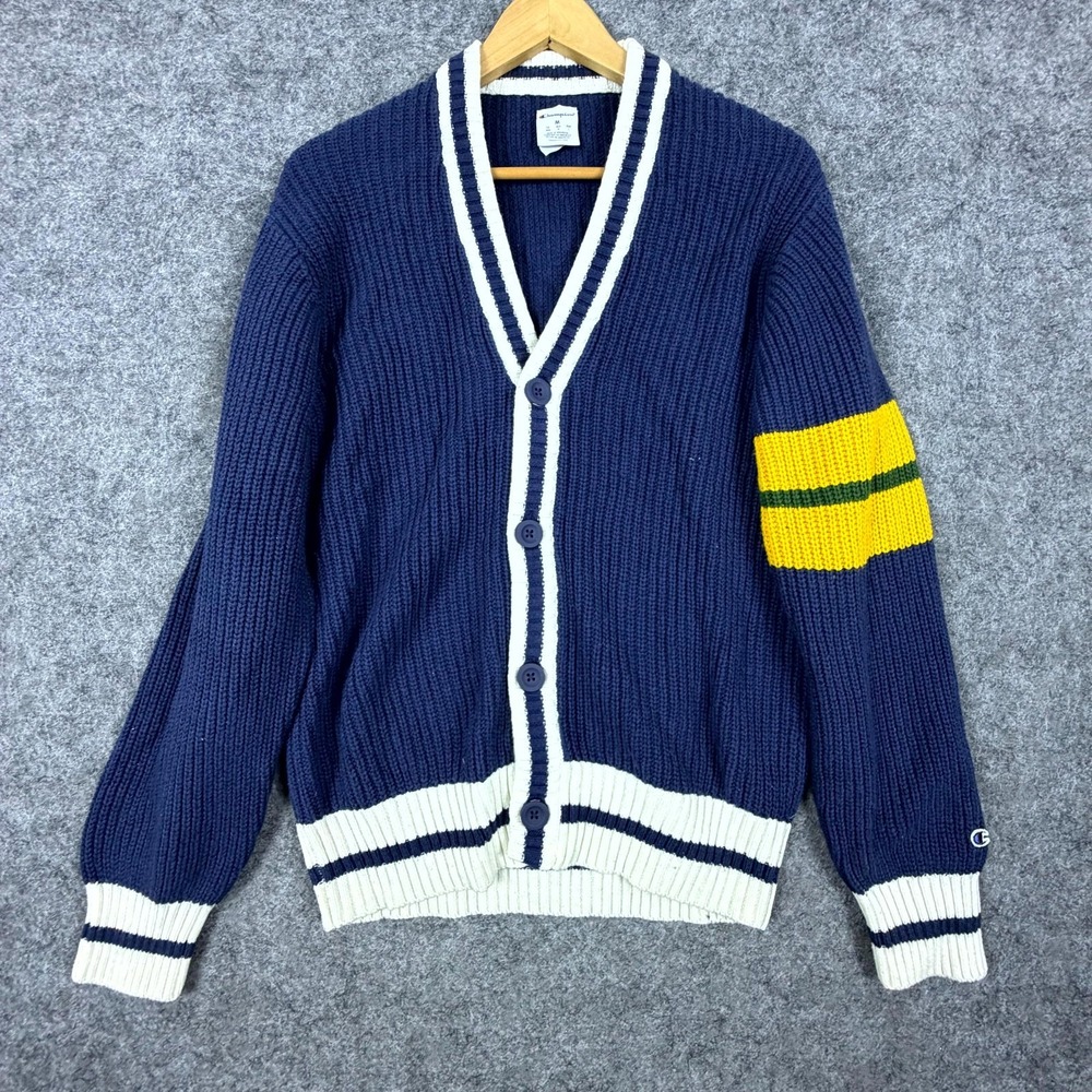 Champion Cardigan Sweater Mens Medium Blue Yellow Cotton Tight Knit Preppy